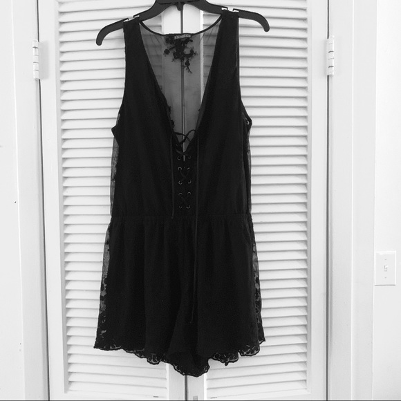 Express Pants - Black lace up romper with mesh back embroidery